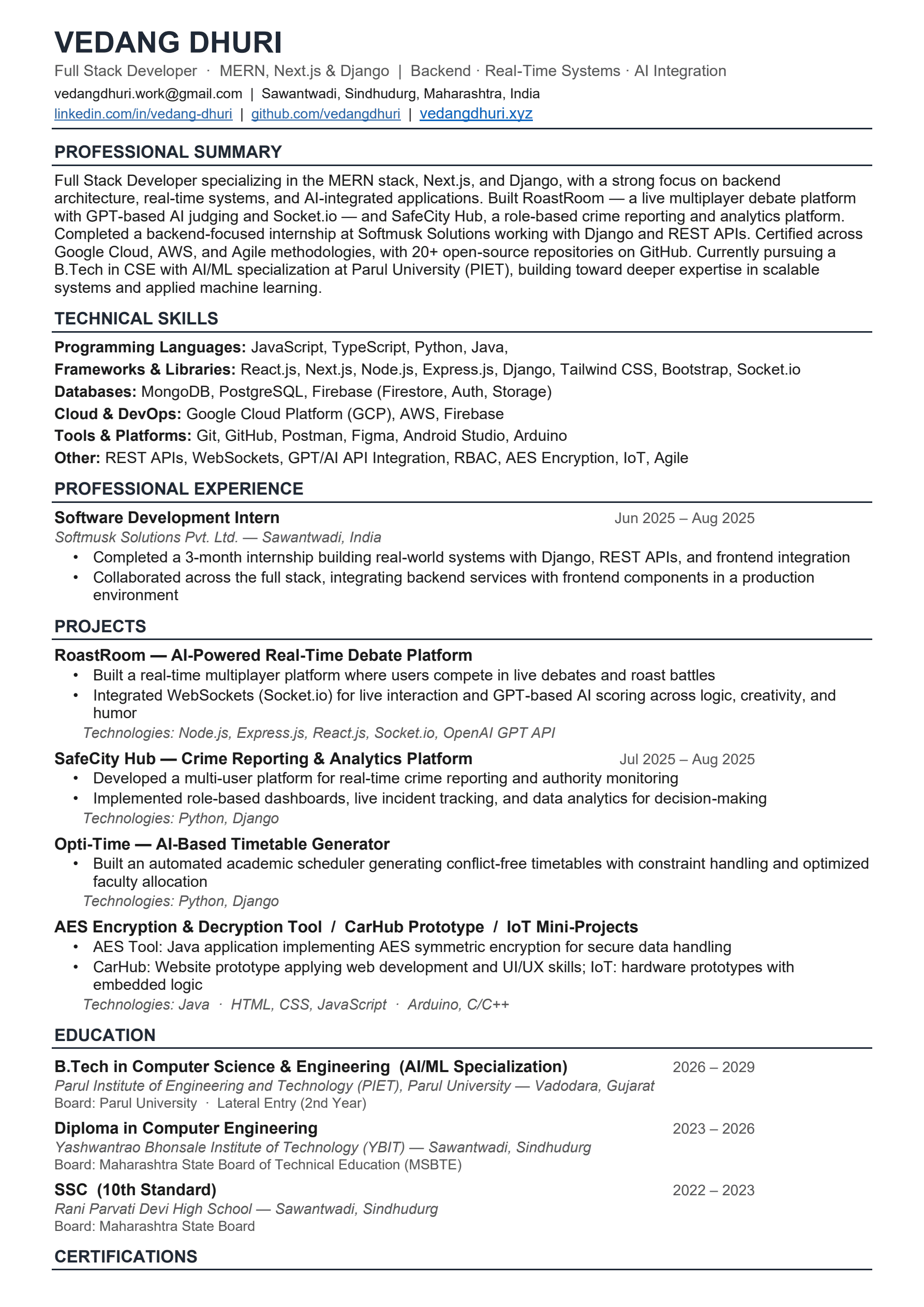 Vedang Dhuri Resume - Page 1